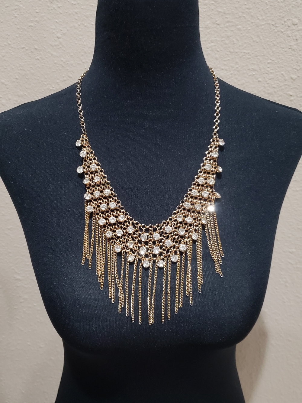 Gold-Tone Rhinestone Statement Bib Necklace Cascading Chain Fringe Glam